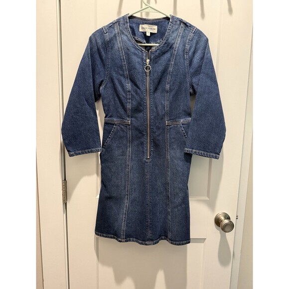 Aritzia Denim Forum Front Zipper Denim Blue Jean Mini Dress with 3/4 Sleeve 0 - Picture 1 of 4